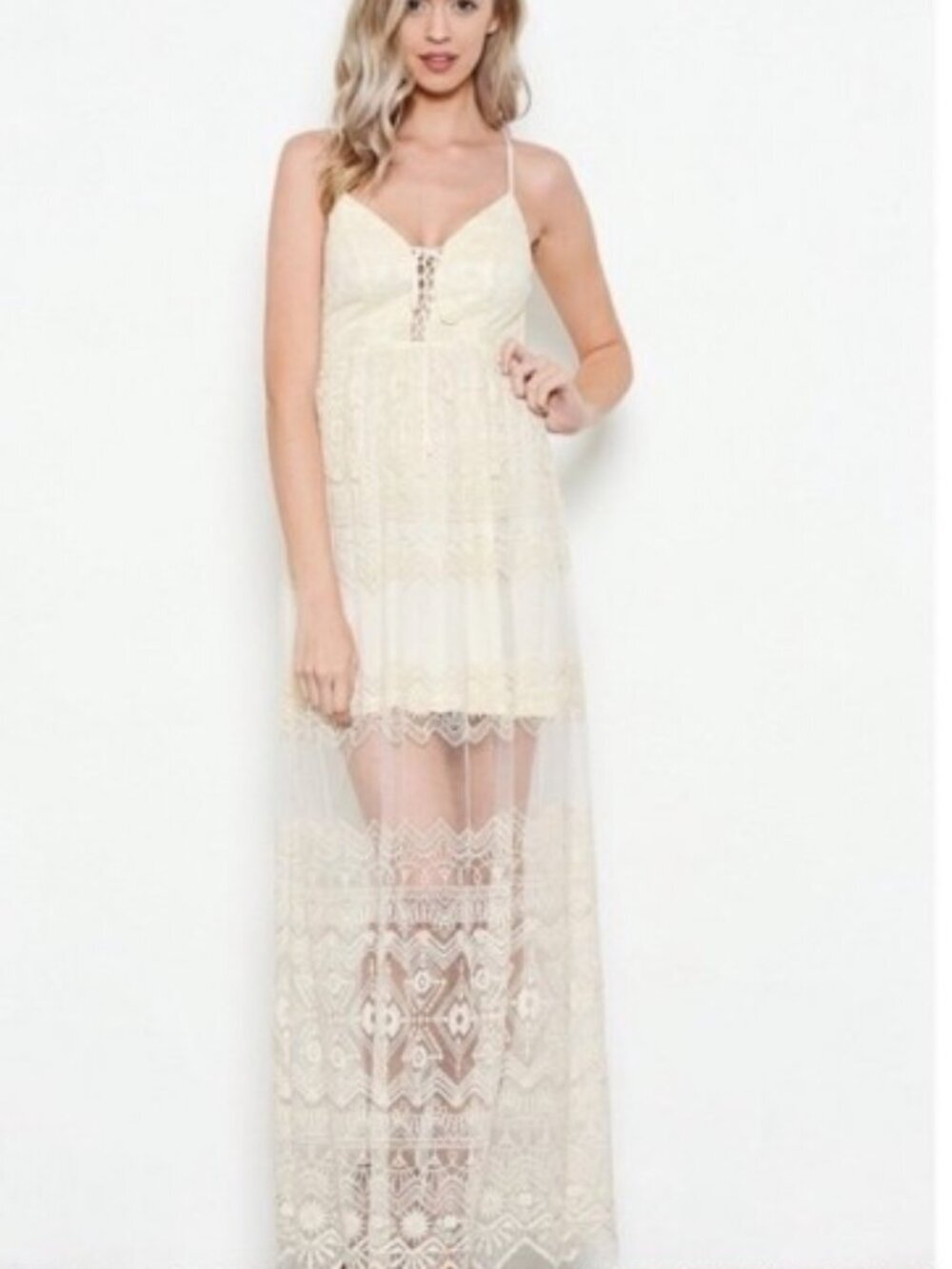 ILLA ILLA Cream Cotton Blend Spaghetti Strap Lace Boho Maxi Dress. Size S - Picture 9 of 10